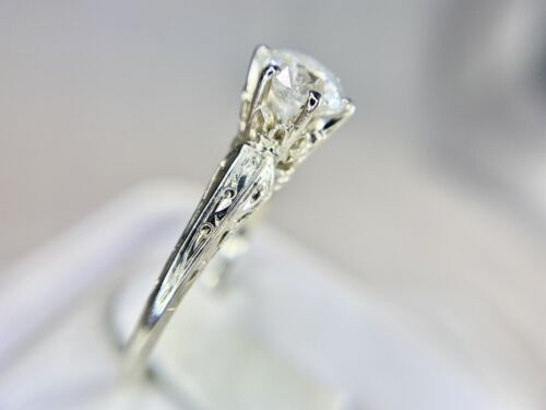 Vintage 14k White Gold Round Natural Diamond Engraved Solitaire Engagement Ring