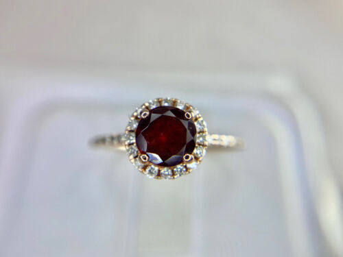 14k Rose Gold Natural Round Red Rhodolite Garnet Diamond Halo Engagement Ring