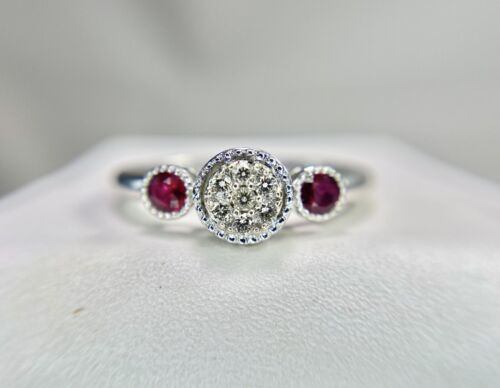 10k White Gold Natural Round Red Ruby Diamond Cluster Engagement Ring