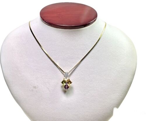 Vintage 14k Yellow Gold Mother of Pearl Amethyst Peridot Pendant Necklace