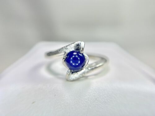 Vintage 10k White Gold Designer Round Blue Star Sapphire Bypass Solitaire Ring