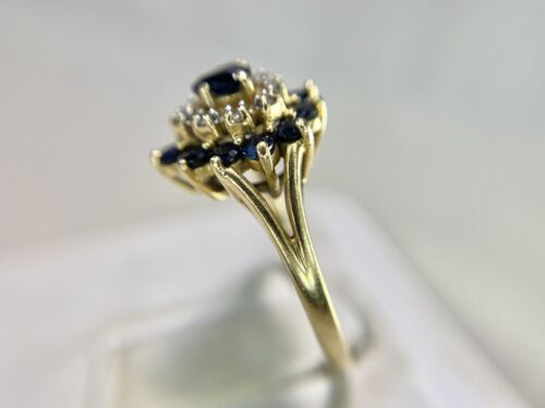 Vintage 14k Yellow Gold Designer Pear Shape Blue Sapphire Diamond Cocktail Ring