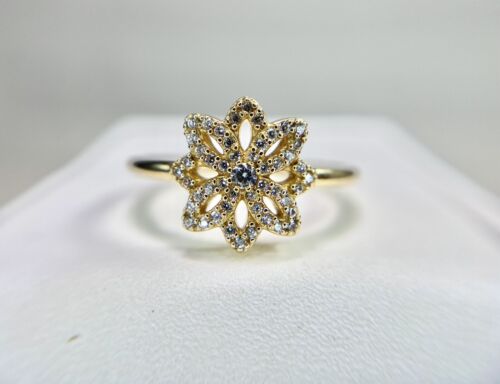 14k Yellow Gold Designer Natural Round Diamond Flower Shape Small Cocktail Ring