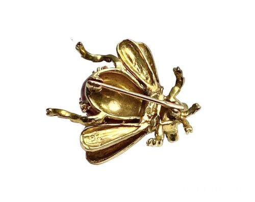 Vintage Yellow Gold 18k Red Enamel Blue Sapphire Handcrafted Bee Pin Brooch