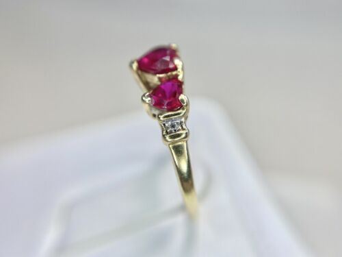 Vintage 10k Yellow Gold Lab Created Heart Shape Pink Ruby Round Diamond Ring