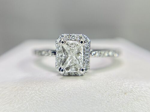 14k White Gold Natural Custom Cut Diamond Radiant Shape Cluster Engagement Ring