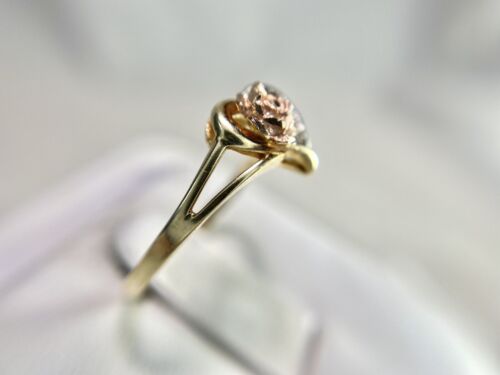 Vintage 10k Yellow Rose Gold Round Single Cut Diamond Flower Heart Ring