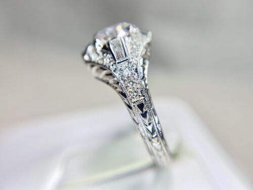 Vintage 18k White Gold Natural Baguette Cut Round Diamond Engagement Ring