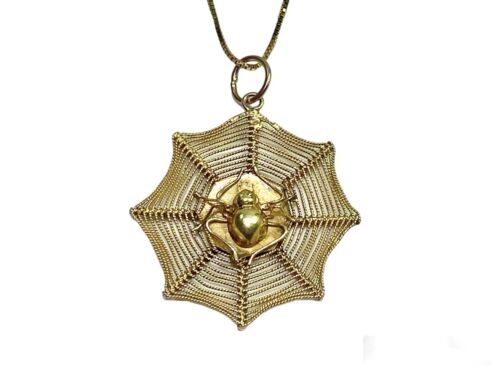 Vintage 14k Yellow Gold Handcrafted Spiderweb Pendant Necklace