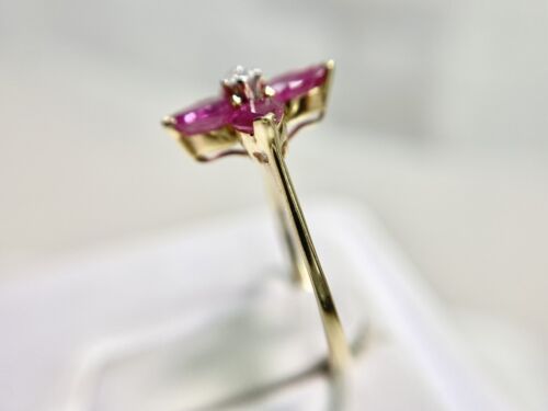 Vintage 14k Yellow Gold Pear Shape Red Ruby Round Diamond Flower Ring