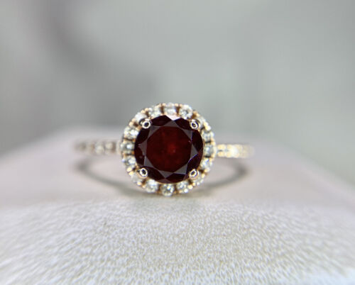 14k Rose Gold Natural Round Red Rhodolite Garnet Diamond Halo Engagement Ring