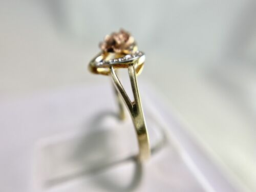 Vintage 10k Yellow Rose Gold Round Single Cut Diamond Flower Heart Ring