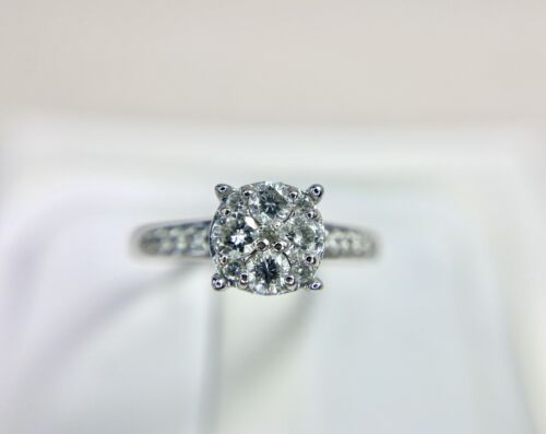 10k White Gold Round Brilliant Natural Diamond Cluster Style Engagement Ring