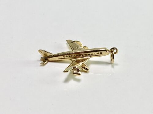 Vintage Solid 14k Yellow Gold Airplane 3D Big Charm Pendant