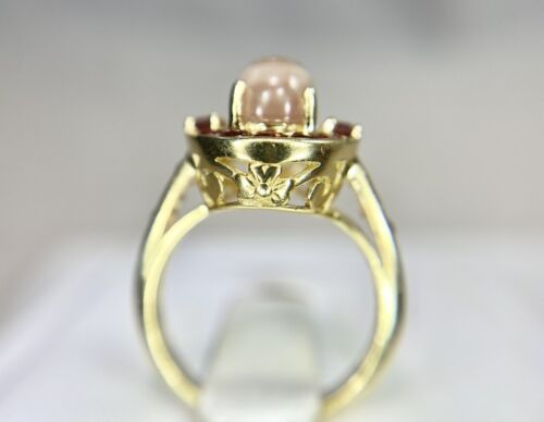 Vintage 14k Yellow Gold Oval Cabochon Morganite Filigree Cocktail Ring