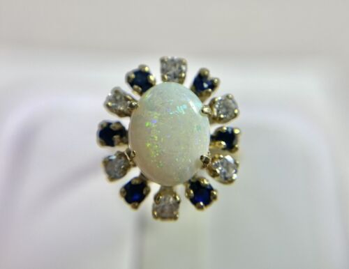 Vintage 14k Yellow Gold Oval White Opal Round Blue Sapphire Diamond Ring