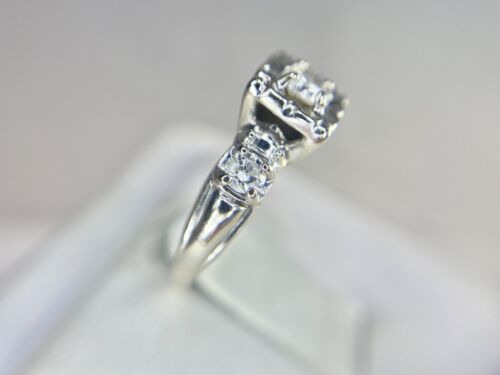 Vintage Estate 14k White Gold Round Natural Diamond Flower Set Engagement Ring