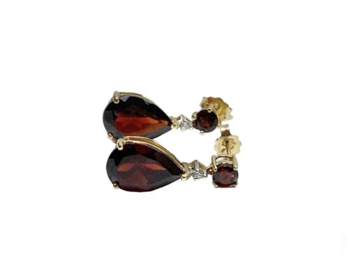 14k Yellow Gold Designer Pear Shape Red Garnet Round Diamond Dangle Earrings