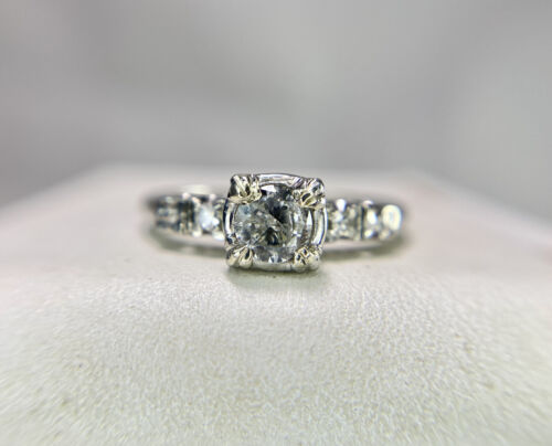 Vintage Art Deco 14k White Gold Natural Round Diamond Engagement Ring