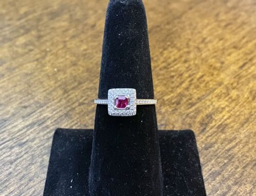 14k White Gold Natural Square Red Ruby Round Diamond Pave Halo Ring