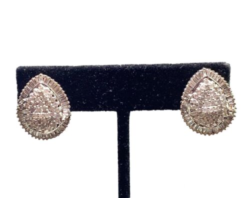 Vintage 14k Yellow Gold Natural Round Baguette Diamond Cluster Pear Earrings