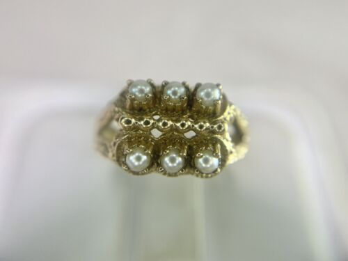 Vintage 10k Yellow Gold Round Cultured White Seed Pearl Cocktail Ring