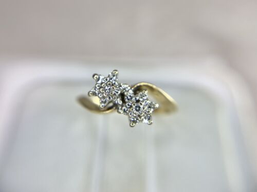 Vintage 14k Yellow Gold Round Natural Diamond Double Flower Small Cocktail Ring