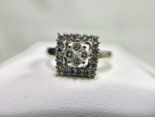 Vintage 14k White Gold Natural Princess Cut Round Diamond Cluster Cocktail Ring