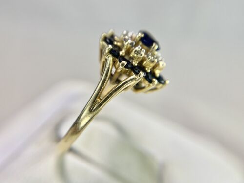 Vintage 14k Yellow Gold Designer Pear Shape Blue Sapphire Diamond Cocktail Ring