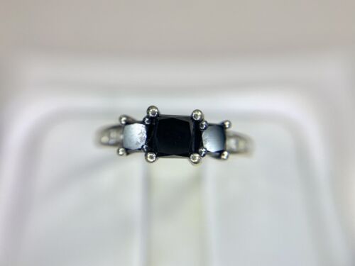 10k White Gold Signed Natural Princess Cut Black Diamond Engagement Ring