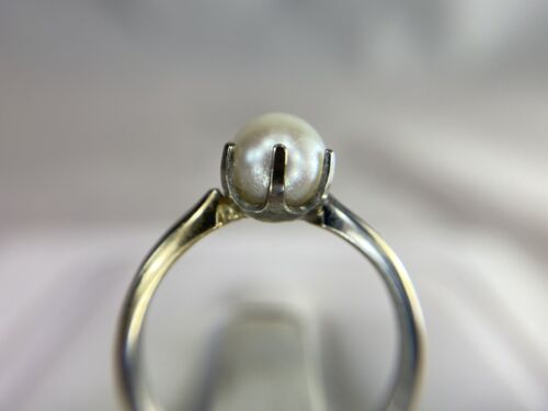 Vintage Retro 14k White Gold Round White Cultured Pearl Classic Solitaire Ring