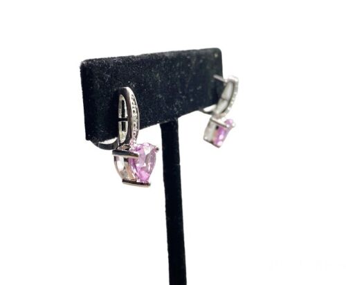 10k White Gold Helzberg Heart Shape Pink Topaz Round Natural Diamond Earrings