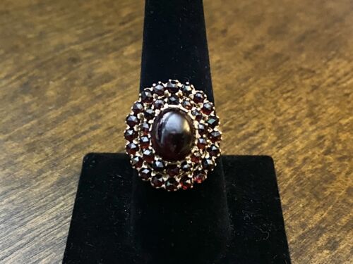 Vintage 14k Yellow Gold Natural Oval Round Garnet German Big Cocktail Ring