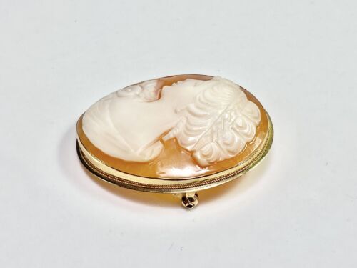 Vintage Art Deco 14k Yellow Gold Oval Shape Pink Lady Cameo Big Pin Pendant