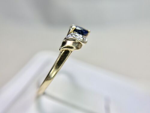 Vintage 10k Yellow Gold Signed Natural Marquise Blue Sapphire Round Diamond Ring