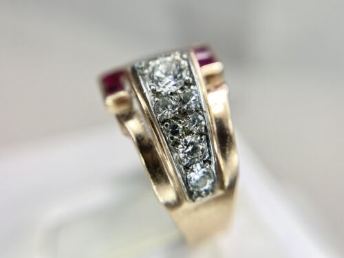 Vintage Art Deco 14k Rose Gold Old Cut Diamond Red Ruby Cocktail Ring