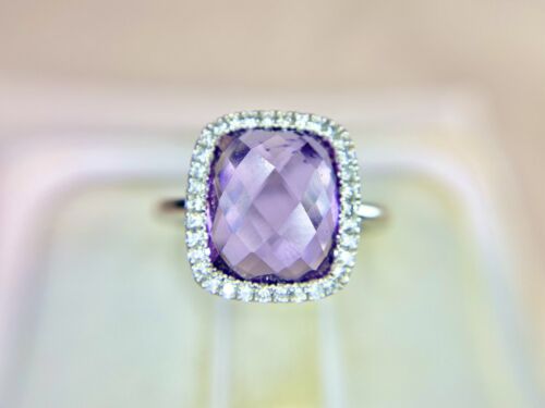 14k White Gold Designer Natural Purple Amethyst Round Diamond Halo Cocktail Ring