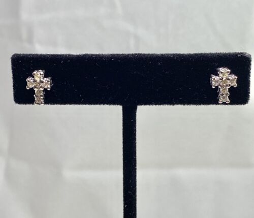 14k White Gold Natural Round Brilliant Diamond Religious Cross Stud Earrings