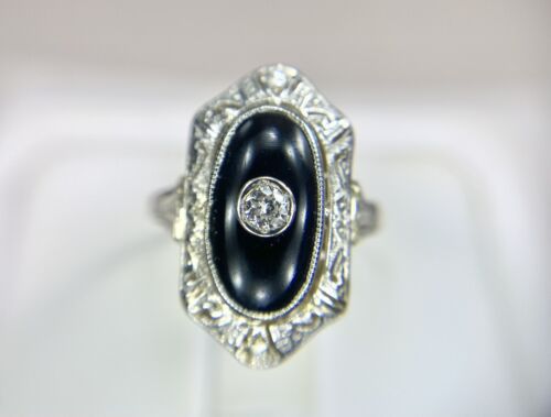 Art Deco 14k White Gold Round Diamond Black Onyx Filigree Cocktail Ring