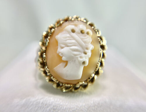 Vintage Art Deco 10k Yellow Gold Oval Pink Lady Cameo Big Cocktail Ring