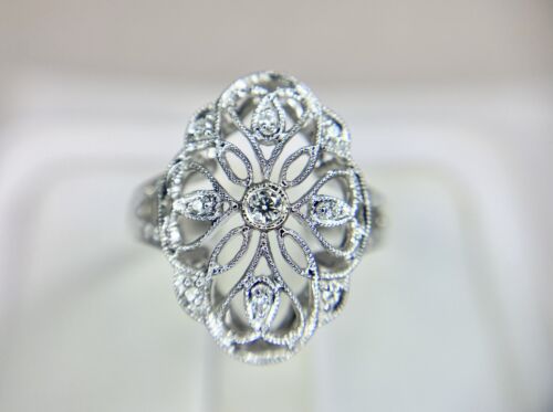 Vintage 14k White Gold Natural Round Diamond Filigree Small Cocktail Ring