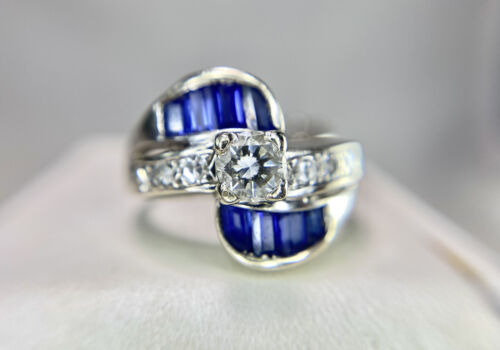 Art Deco 14k White Gold Natural Round Diamond Baguette Sapphire Engagement Ring