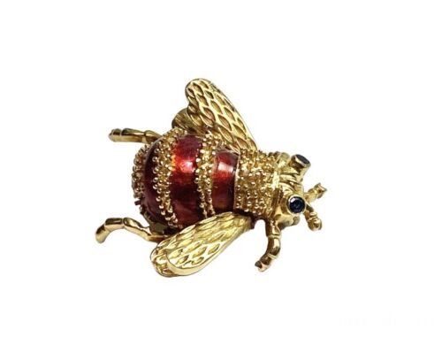 Vintage Yellow Gold 18k Red Enamel Blue Sapphire Handcrafted Bee Pin Brooch