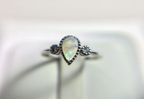 14k White Gold Designer Pear Shape Opal Natural Round Diamond Ring