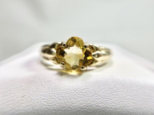 Vintage 14k Yellow Gold Designer Four Leaf Clover Yellow Citrine Solitaire Ring