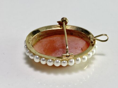 Vintage 14k Yellow Gold Oval Pink Lady Cameo Silhouette Pearl Big Pin Pendant