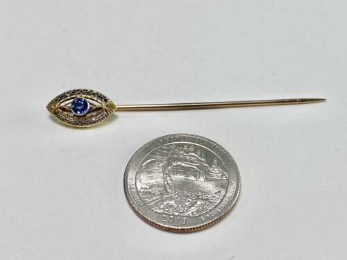 Art Deco 14k Yellow Gold Natural Round Blue Sapphire Marquise Filigree Stick Pin