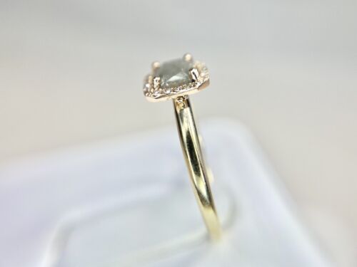 14k Yellow Gold Designer Cushion Cut Rustic Gray Diamond Halo Engagement Ring