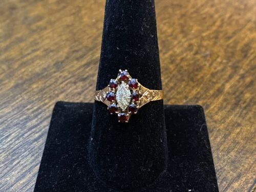 Victorian Era 10k Rose Gold Natural Marquise Diamond Red Garnet Engagement Ring