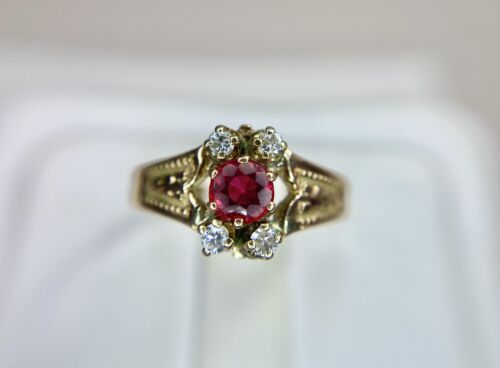 Vintage Victorian Era 10k Rose Gold Natural Red Ruby Round Diamond Ring